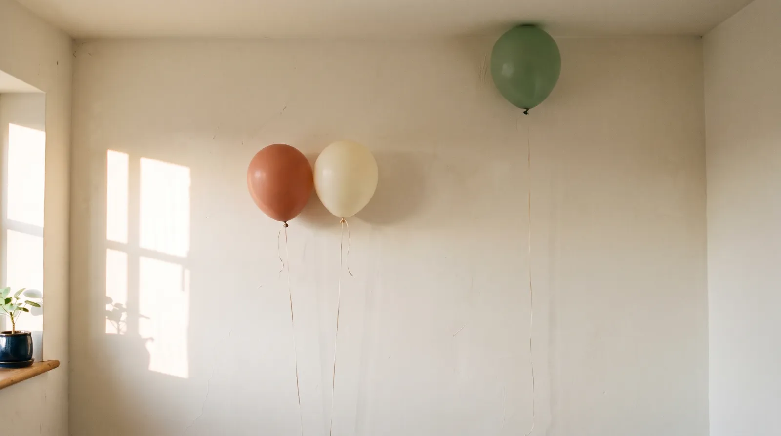 Tre ballonger i terrakotta, krämvitt och salviagrönt mot en ljus vägg i eftermiddagssol, en har flutit upp till taket.