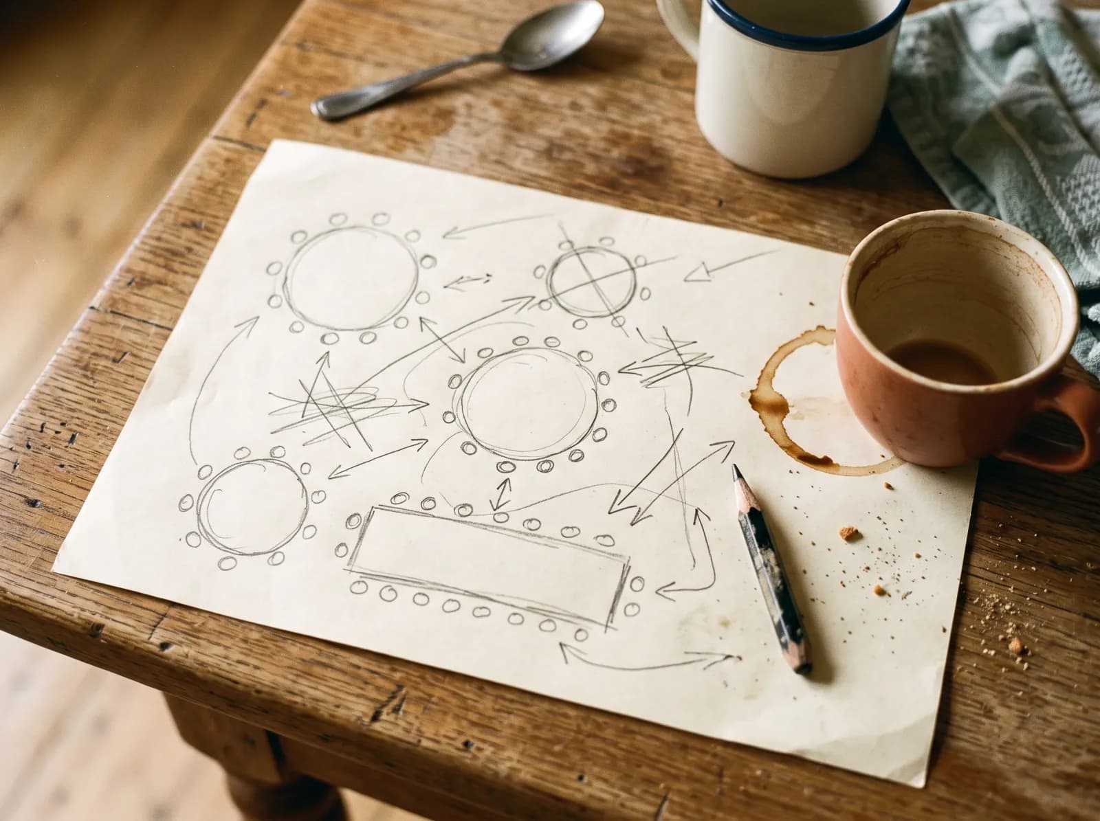 Handritad skiss av en bordsplacering med runda bord och ett långbord, prickar för stolar, en blyertspenna och kaffekoppar.